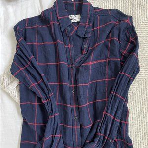 Aritzia (Community) Veritas Linen Blouse, Navy Plaid XS